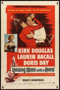 6c993 YOUNG MAN WITH A HORN 1sh '50 jazz man Kirk Douglas kisses sexy Lauren Bacall + Doris Day!
