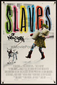 6g679 SLAVES OF NEW YORK int'l 1sh '89 wacky image of Bernadette Peters being walked by dog!