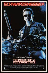 6g730 TERMINATOR 2 video 1sh '91 James Cameron, Arnold Schwarzenegger on motorcycle w/shotgun!