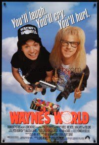 6g785 WAYNE'S WORLD int'l 1sh '91 Mike Myers, Dana Carvey, one world, one party, excellent!