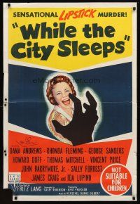 6e033 WHILE THE CITY SLEEPS Aust 1sh '56 great image of Lipstick Killer's victim, Fritz Lang noir!
