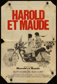 6e191 HAROLD & MAUDE French 15x21 '72 great wacky image of Ruth Gordon & Bud Cort on motorcycle!