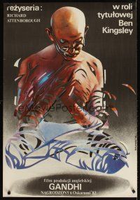 6e724 GANDHI Polish 27x38 '84 great Woltman artwork of Ben Kingsley as The Mahatma!