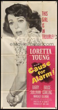 6h540 CAUSE FOR ALARM 3sh '50 great huge close up image Loretta Young, and she is in trouble!
