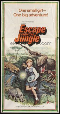 6h575 ESCAPE FROM THE JUNGLE 3sh '72 cool art of school girl in jungle surrounded by wild animals!