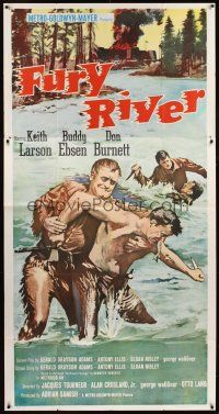 6h591 FURY RIVER int'l 3sh '62 Buddy Ebsen, different art of pioneers fighting in river!