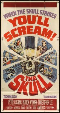 6h845 SKULL 3sh '65 Peter Cushing, Christopher Lee, cool horror artwork of creepy skull!