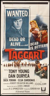 6h875 TAGGART 3sh '64 Tony Young, Dan Duryea, Louis L'Amour, cool wanted poster art