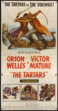 6h878 TARTARS 3sh '61 great artwork of armored Victor Mature battling Orson Welles!