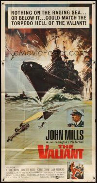 6h914 VALIANT 3sh '62 John Mills, cool artwork of World War II battleship under fire!
