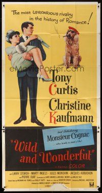 6h936 WILD & WONDERFUL 3sh '64 wacky image of Tony Curtis, Christine Kaufmann, & Monsieur Cognac!