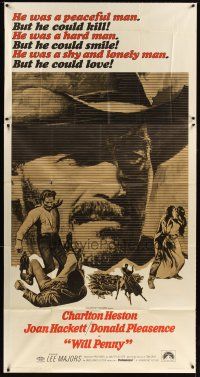 6h939 WILL PENNY 3sh '68 close up of cowboy Charlton Heston, Joan Hackett, Donald Pleasance