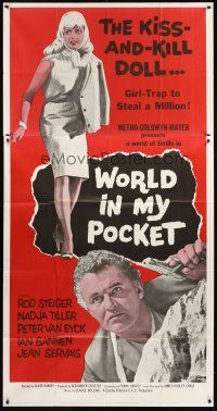 6h947 WORLD IN MY POCKET 3sh '62 Rod Steiger, the kiss & kill doll, girl-trap to steal a million!