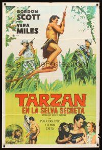 6h255 TARZAN'S HIDDEN JUNGLE Argentinean '55 artwork of Gordon Scott as Tarzan swinging on vine!