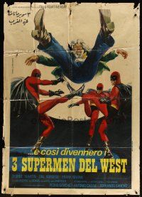 6h465 THREE SUPERMEN OF THE WEST Italian 1p '73 great wacky super hero art by Mario Piovano!