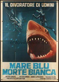 6h043 BLUE WATER, WHITE DEATH red shark Italian 2p '72 different art of red shark & divers by Fiorenzi!