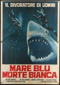 6h042 BLUE WATER, WHITE DEATH blue shark style Italian 2p '72 different art of blue shark & divers by Fiorenzi!