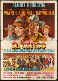 6h045 CIRCUS WORLD stagecoach Italian 2p '65 different art of sexy Claudia Cardinale & John Wayne!