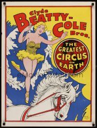 6j207 CLYDE BEATTY - COLE BROS CIRCUS circus poster '60s art of woman on horse through paper hoop!