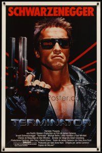 6j588 TERMINATOR Spanish/U.S. 1-stop poster '84 classic image of cyborg Arnold Schwarzenegger with gun!