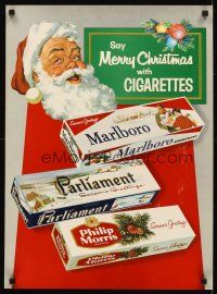 6j329 SAY MERRY CHRISTMAS WITH CIGARETTES 19x26 advertising poster '50s art of Santa & cigs!