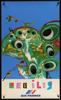 6j153 AIR FRANCE LES ISLES French travel poster '81 Bezombes abstract artwork of birds!