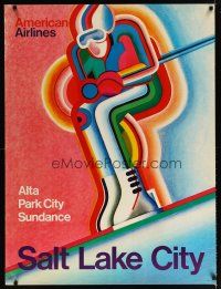 6j112 AMERICAN AIRLINES SALT LAKE CITY travel poster '71 Degen artwork of downhill skier!