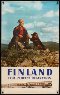 6j149 FINLAND FOR PERFECT RELAXATION Finnish travel poster '59 image of man w/dog & train!