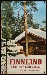 6j150 FINNLAND FUR WINTERFERIEN Finnish travel poster '58 artwork of cabin & much snow!