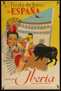 6j187 IBERIA LA FIESTA DE TOROS Spanish travel poster '50s art of pretty woman & bullfight!