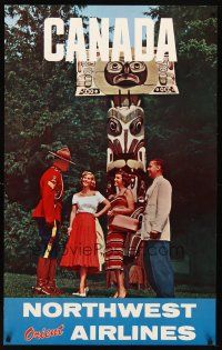 6j114 NORTHWEST ORIENT AIRLINES CANADA travel poster '60s image of RCMP officer & tourists!