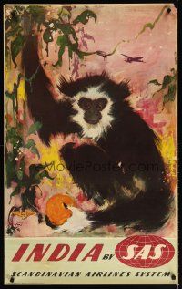 6j130 SCANDINAVIAN AIRLINES SYSTEM INDIA Danish travel poster 1950s Otto Nielson art of monkey!
