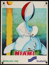 6j115 SOUTHERN MIAMI travel poster '70s great Brewer artwork of football playing dolphin!