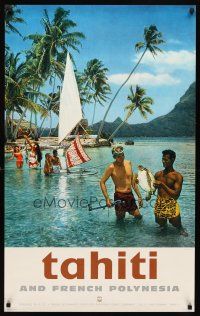 6j161 TAHITI & FRENCH POLYNESIA French travel poster '60s image of people enjoying the ocean!
