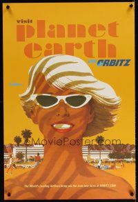6j123 VISIT PLANET EARTH VIA ORBITZ travel poster '00s artwork of sexy blonde on the beach!