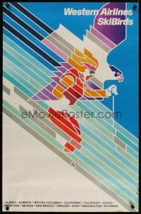 6j104 WESTERN AIRLINES SKIBIRDS travel poster '70s cool Don Weller art of skier!