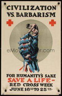 6j024 CIVILIZATION VS. BARBARISM 18x28 WWI war poster '10s art of wounded man & guantlet!