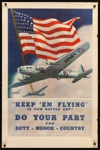 6j037 KEEP 'EM FLYING 25x38 WWII war poster '42 art of bombers & flag by Smith & Downe!