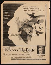 6p102 BIRDS magazine ad '63 Alfred Hitchcock, art of Tippi Hedren attacked by birds!