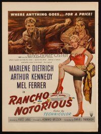 6p122 RANCHO NOTORIOUS magazine ad '52 Fritz Lang, art of sexy Marlene Dietrich, gambling!