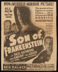6p041 SON OF FRANKENSTEIN newspaper ad '39 Boris Karloff & Bela Lugosi in 1939's weirdest horror!