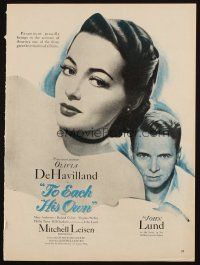 6p127 TO EACH HIS OWN magazine ad '46 great close up art of pretty Olivia de Havilland & John Lund!