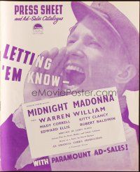 6p540 MIDNIGHT MADONNA English pressbook '37 Warren William, Mady Correll, directed by James Flood