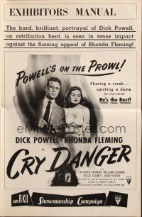 6p685 CRY DANGER pressbook '51 great film noir art of Dick Powell loading gun + sexy Rhonda Fleming!