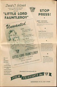 6p804 LITTLE LORD FAUNTLEROY pressbook R44 Freddie Bartholomew, Dolores Costello