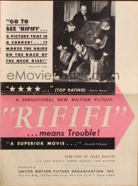 6p897 RIFIFI pressbook '56 Jules Dassin's Du rififi chez les hommes, Servais, it means trouble!