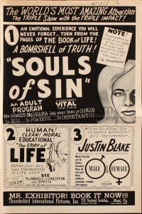 6p924 SOULS OF SIN/THE STORY OF LIFE/MALE & FEMALE pressbook 1960s torn from the book of life!