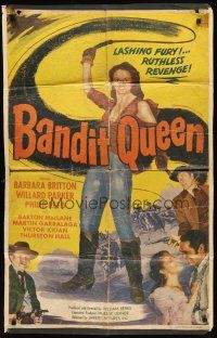 6k077 BANDIT QUEEN kraftbacked 1sh '50 Barbara Britton with whip, lashing fury, ruthless revenge!