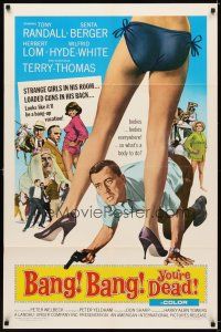 6k078 BANG BANG YOU'RE DEAD 1sh '66 wacky art of Tony Randall crouching between sexy legs!