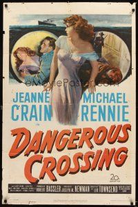 6k259 DANGEROUS CROSSING 1sh '53 artwork of very sexy Jeanne Crain in nightie, Michael Rennie!